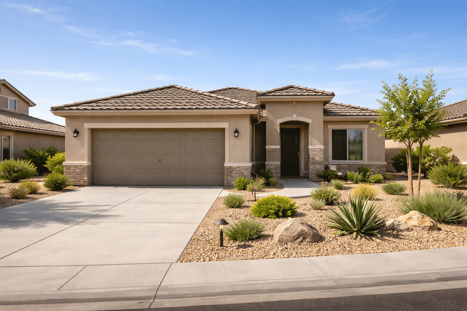 Maricopa Real Estate new construction home exterior with desert architecture and xeriscape landscaping in Maricopa AZ - West Usa Realty