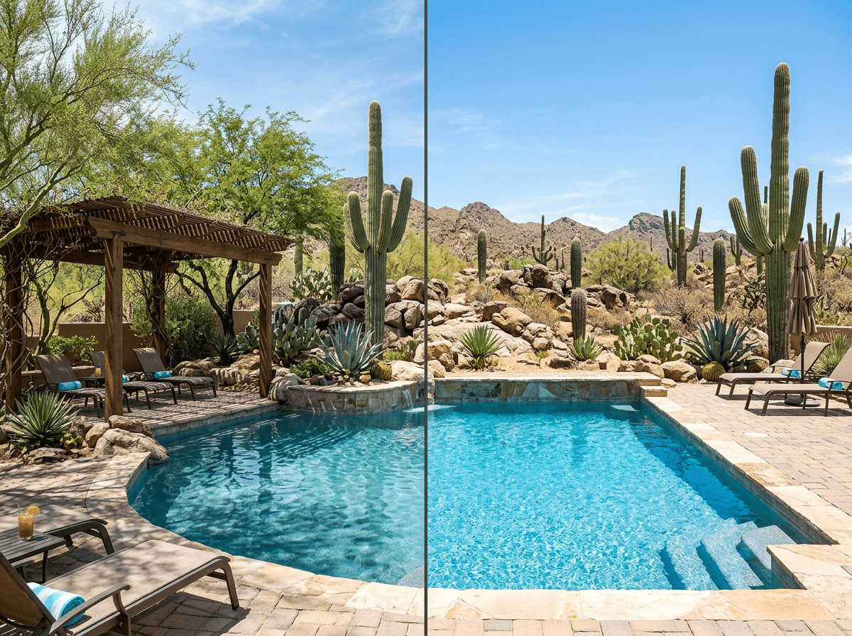 shaded backyard pool vs full-sun pool (Arizona desert landscaping)