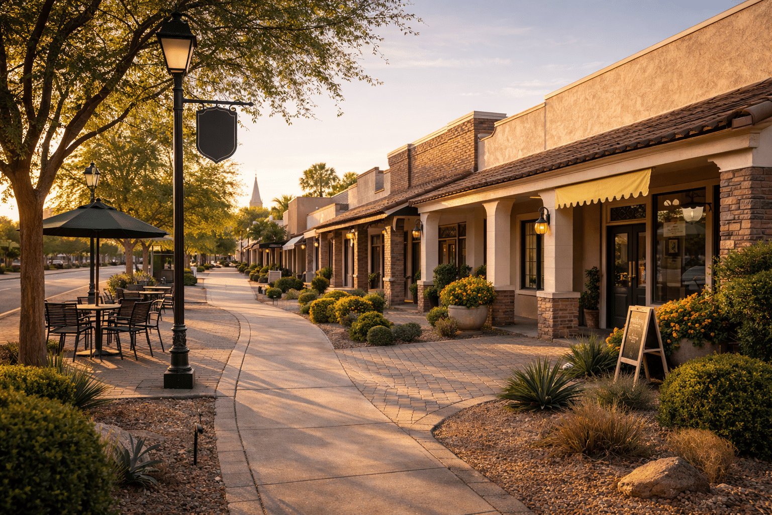 Litchfield Park Real Estate historic core streetscape with walkable local storefronts - West Usa Realty